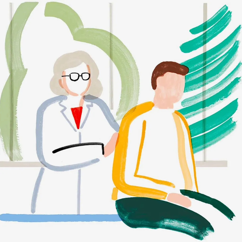 A colorful illustration, drawn in markers, documents a doctor evaluating her patient.