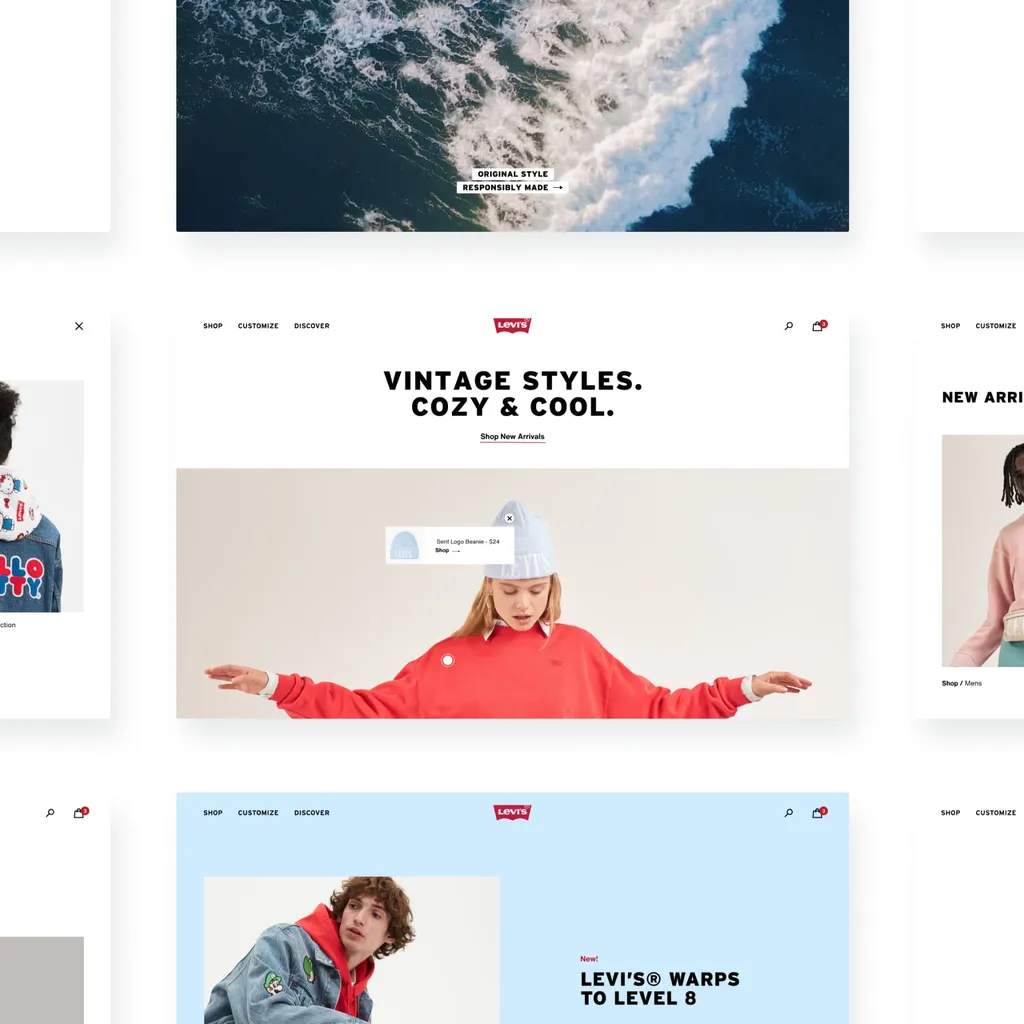 A 3x3 grid of webpage designs that we created for Levi's showcasing the just how extensive and flexible our design system is 